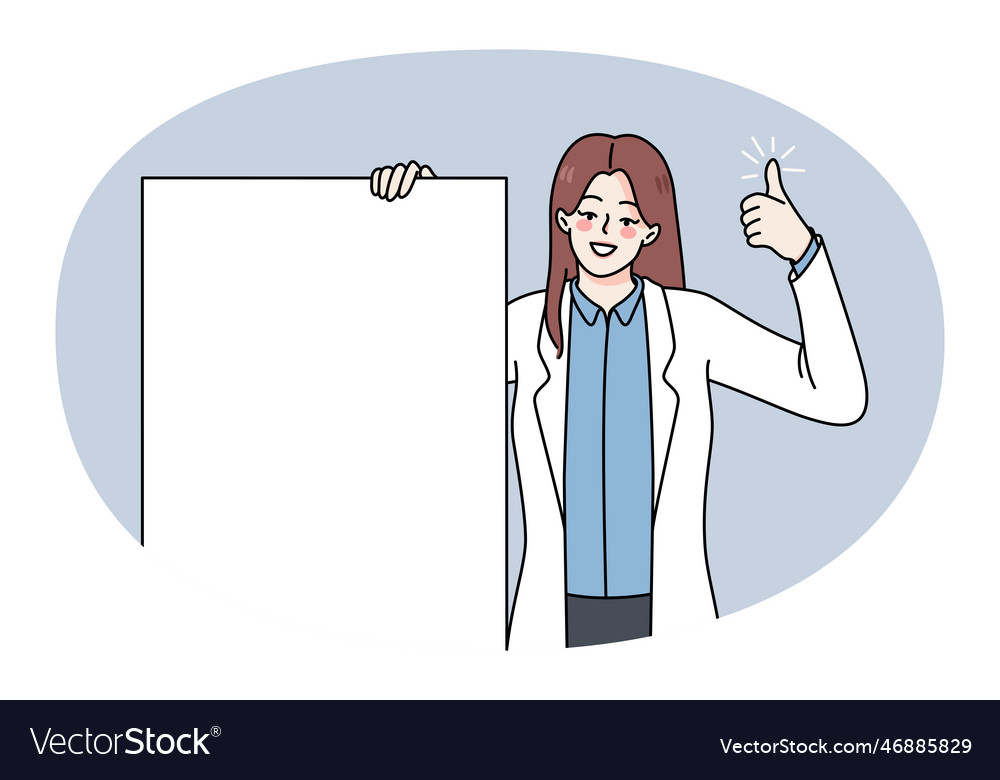 Smiling doctor hold mockup banner show thumbs up