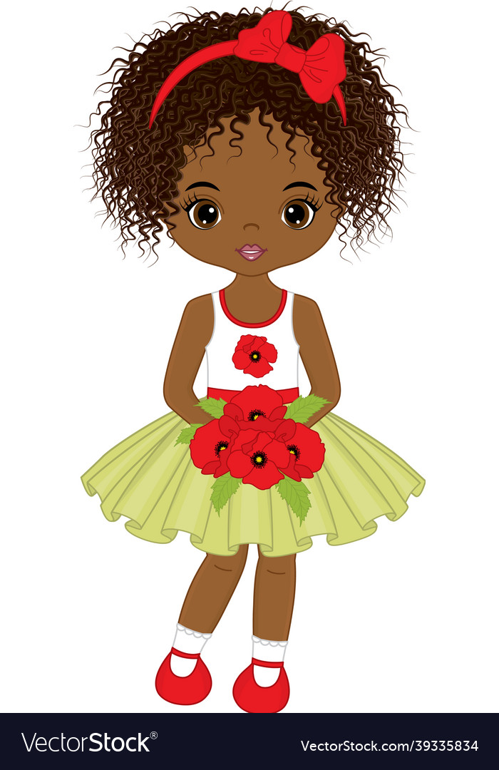 Beautiful cute black girl holding bouquet poppies Vector Image