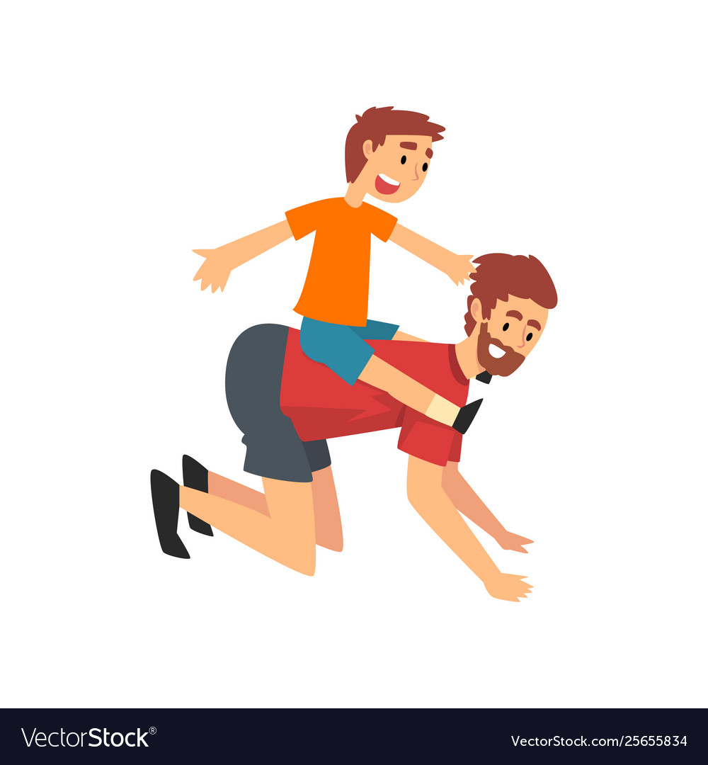 Boy riding on fathers back father and son having vector image Boy riding on fathers back father and son having