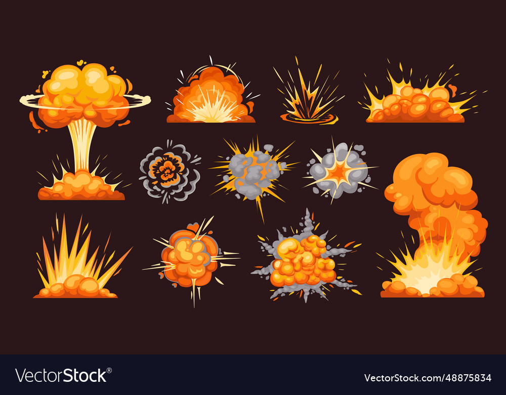 Cartoon explosions comic explosive detonation Vector Image