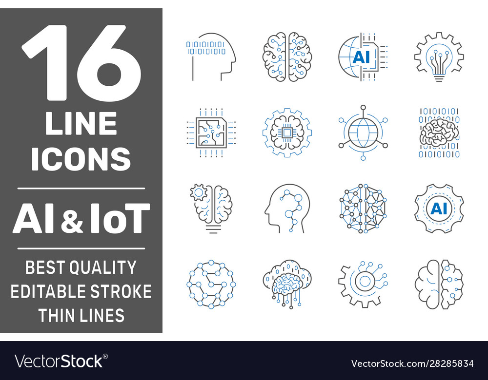 Machine learning ai iot line icons set