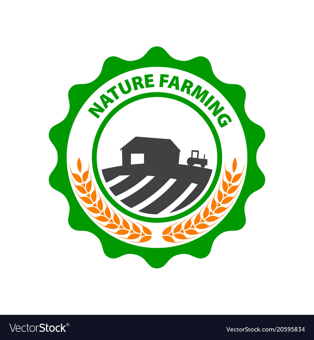 Natural farming round green logo with field Vector Image