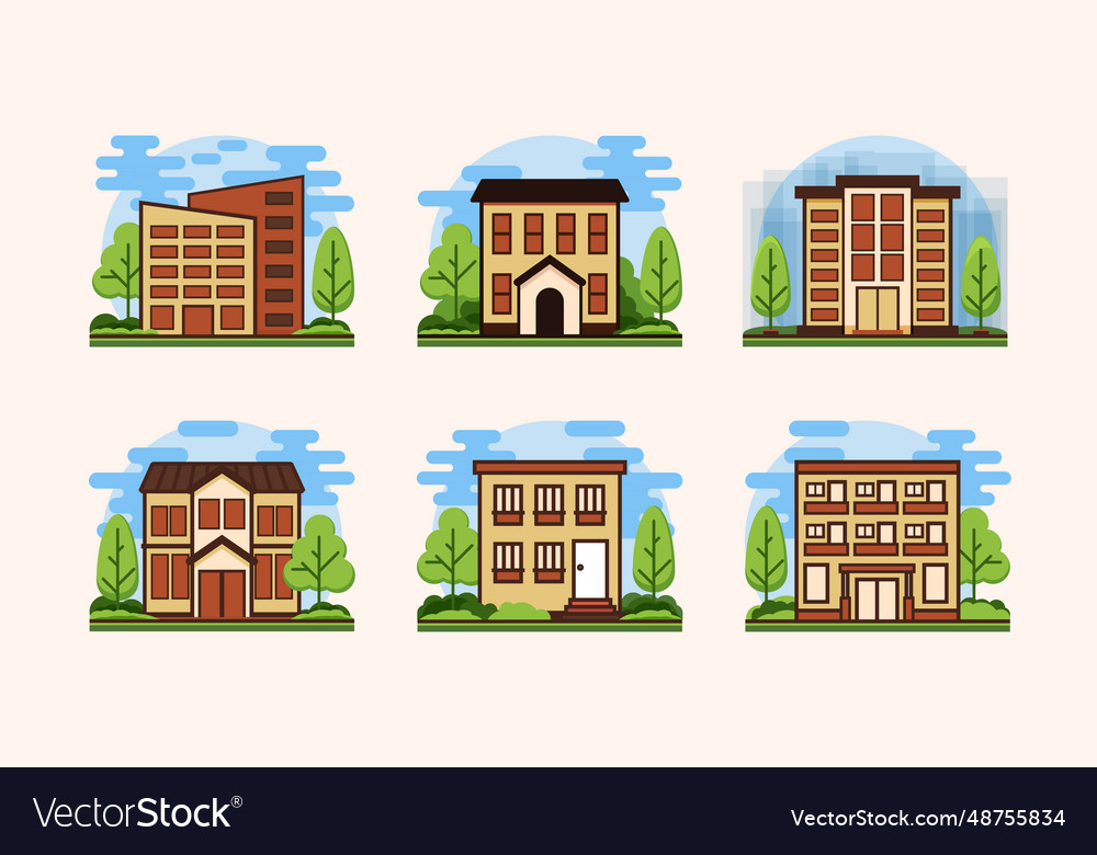 Set of buildings and trees in flat design style