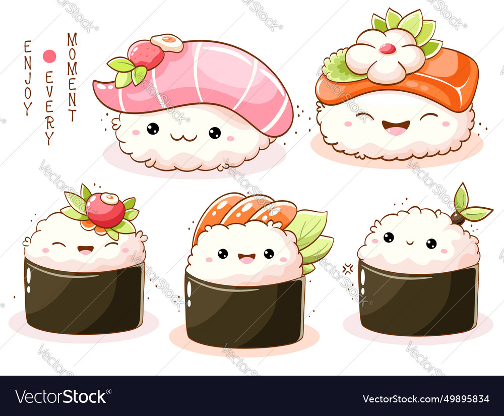 Set of cute sushi and rolls in kawaii style