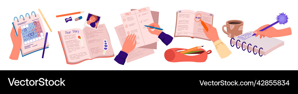 Wide set of hands writing in personal notebook Vector Image