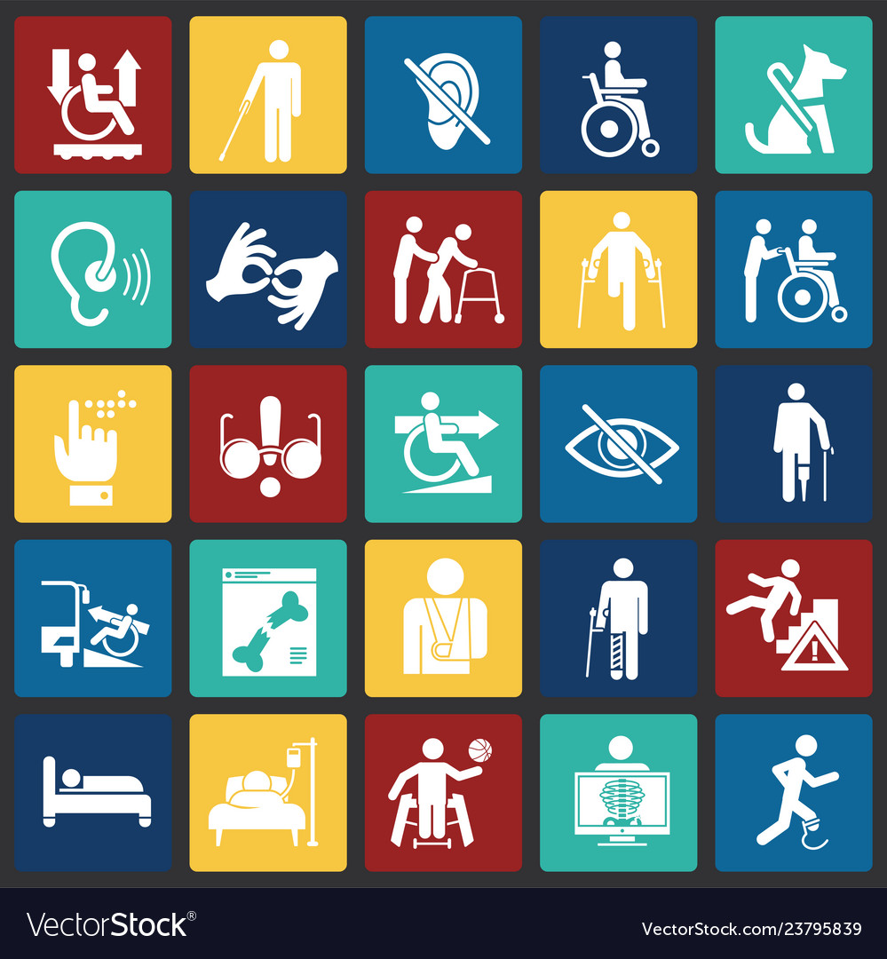 Disability icons set on color squares background