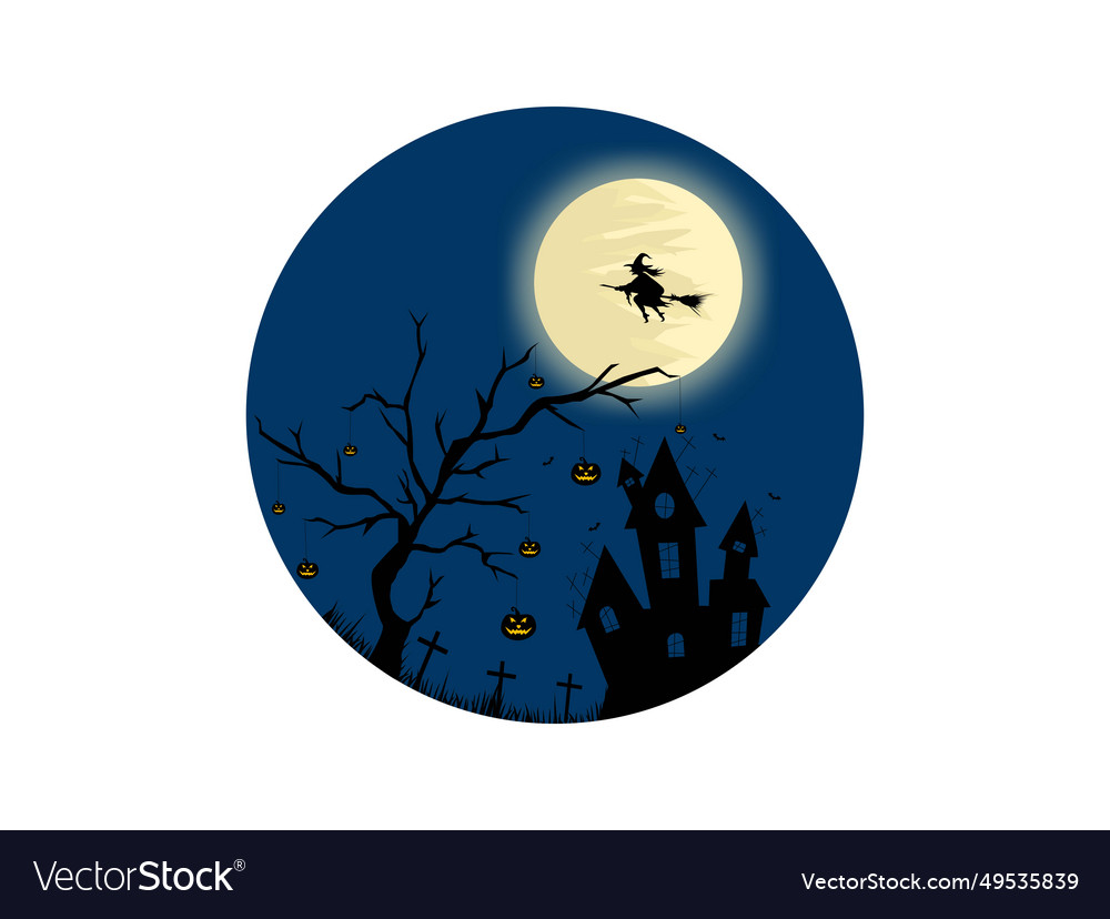 Halloween pumpkin tree hunted house riding broom vector image Halloween pumpkin tree hunted house riding broom