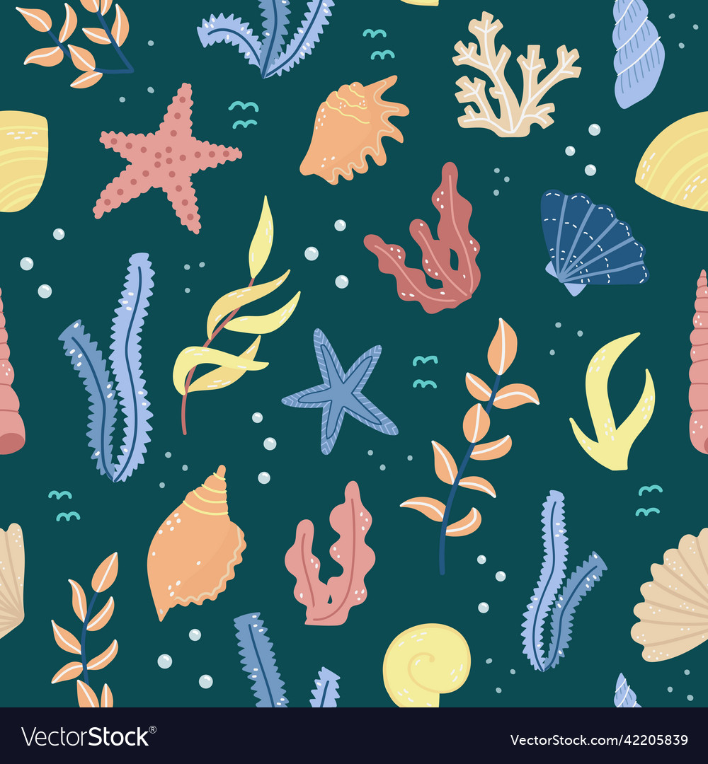 Seamless pattern with algae and shells in cartoon