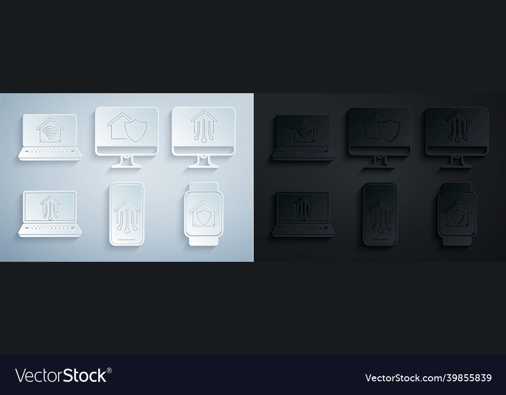 Set mobile phone with smart home computer monitor vector image Set mobile phone with smart home computer monitor