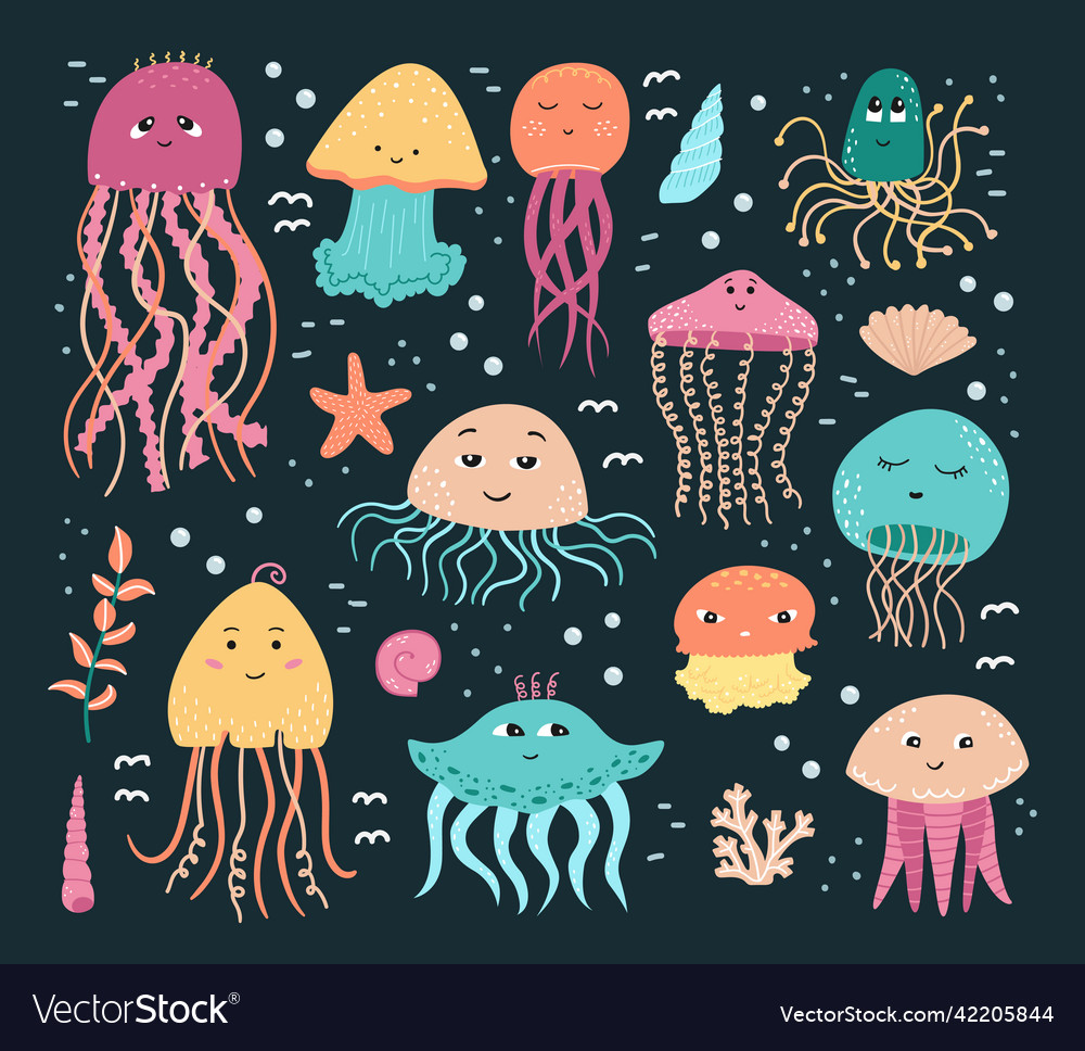 Set of jellyfish and algae with shells