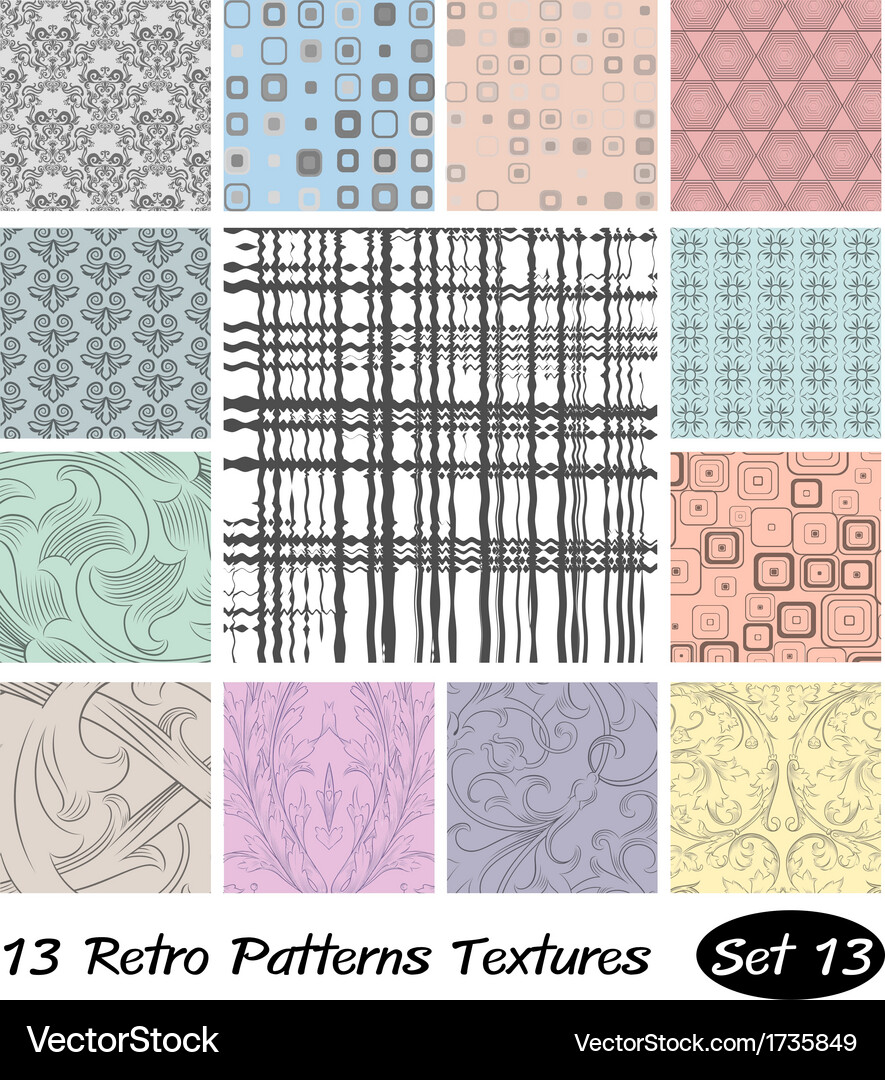13 retro patterns textures set Royalty Free Vector Image