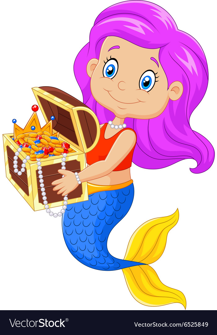 Cartoon happy mermaid holding treasure chest Vector Image