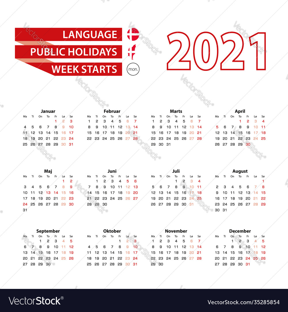 Calendar 2021 in danish language with public