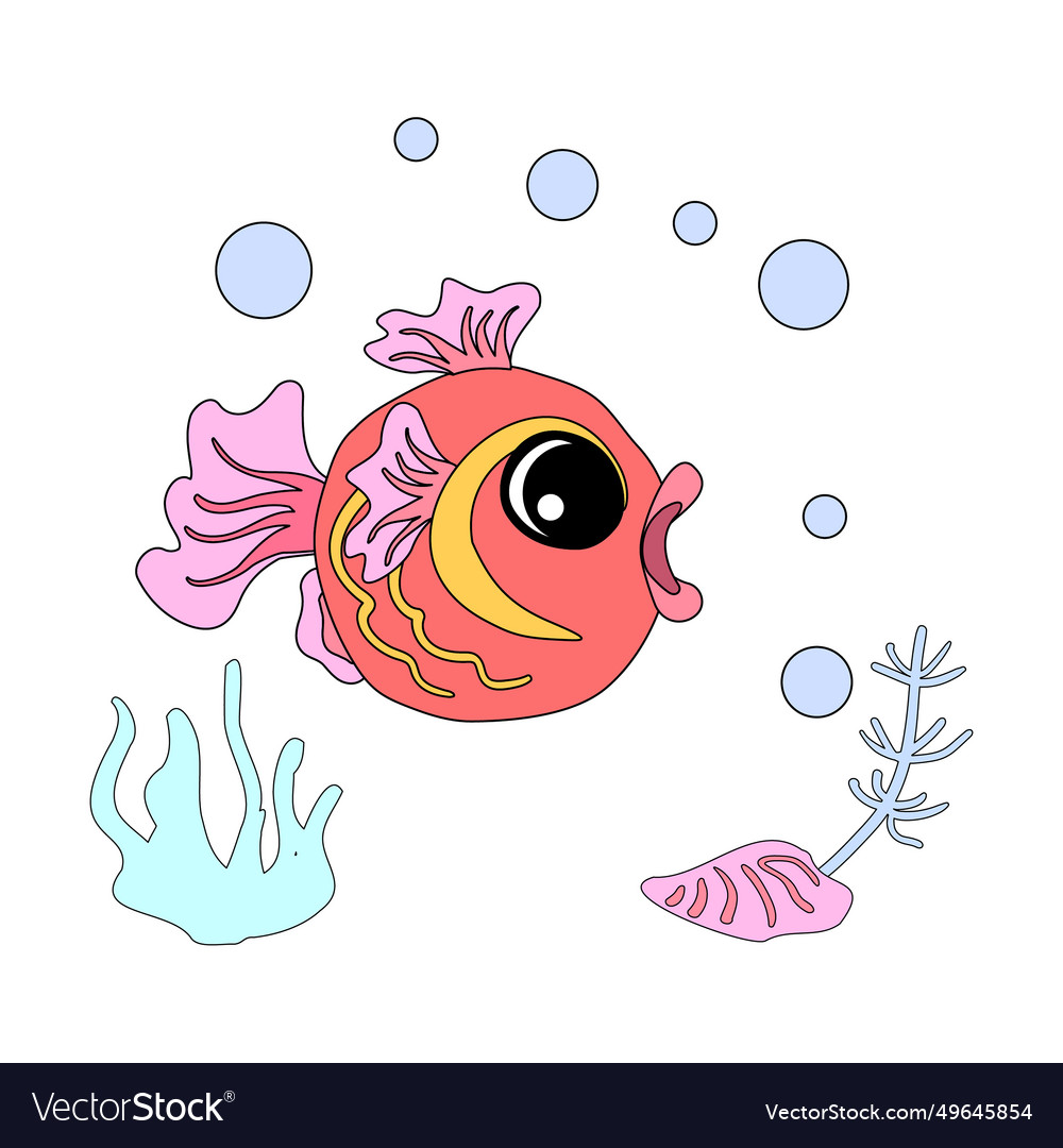 Goldfish with shells bubbles and algae Vector Image Goldfish with shells bubbles and algae