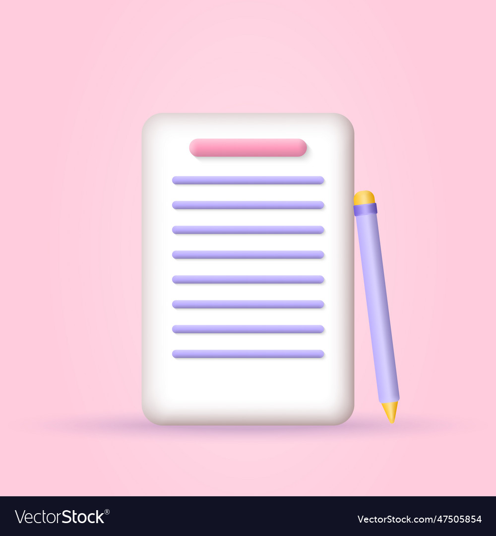 Paper document 3d icon with pen list note sign vector image Paper document 3d icon with pen list note sign