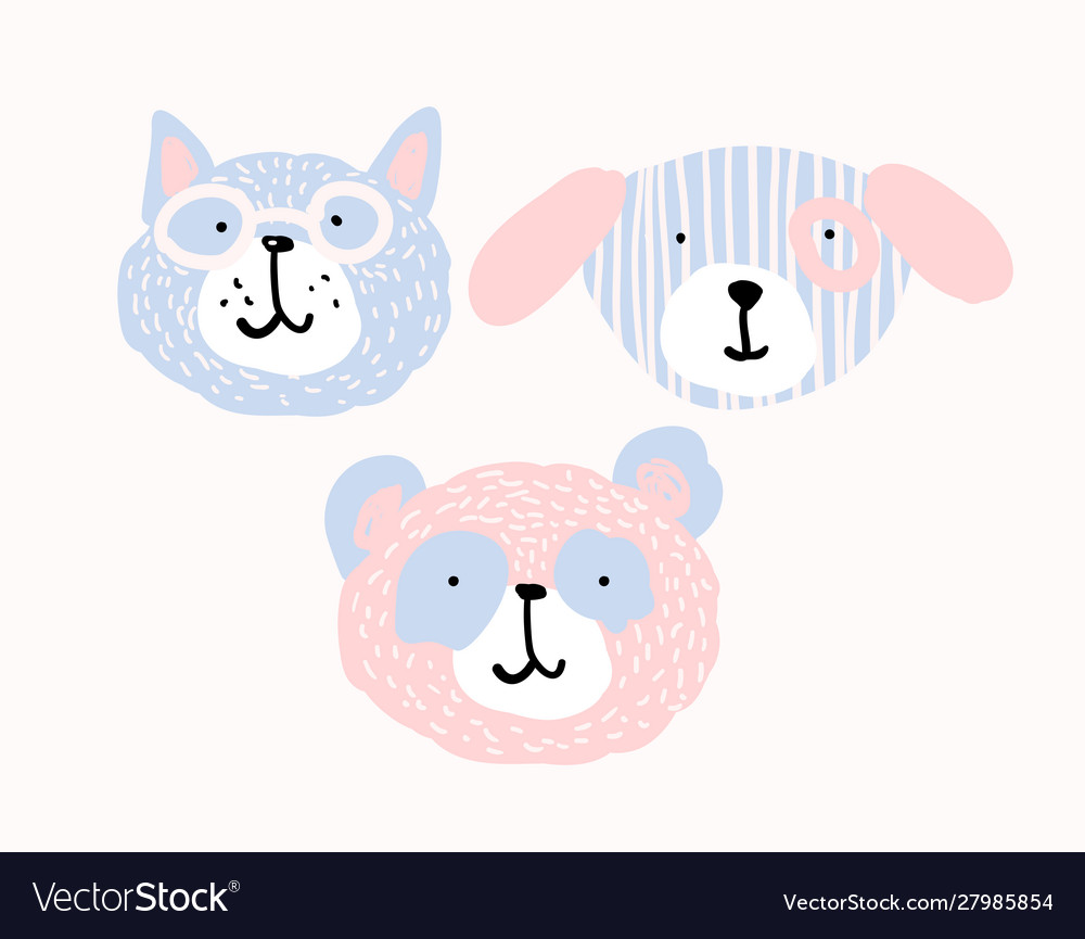 Set cute animal faces in pastel colors