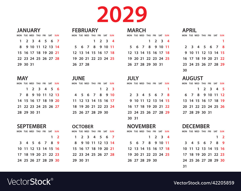 Calendar 2029 template- planner year Royalty Free Vector