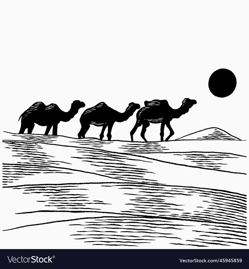 Hand drawn camels walk through the desert caravan