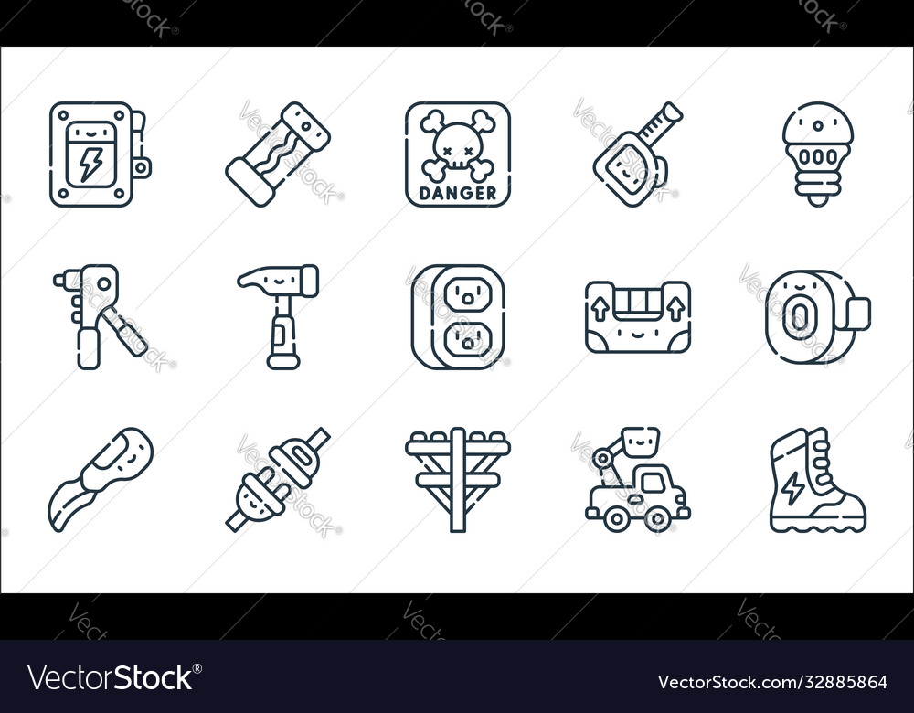 Electrician tools and line icons linear set