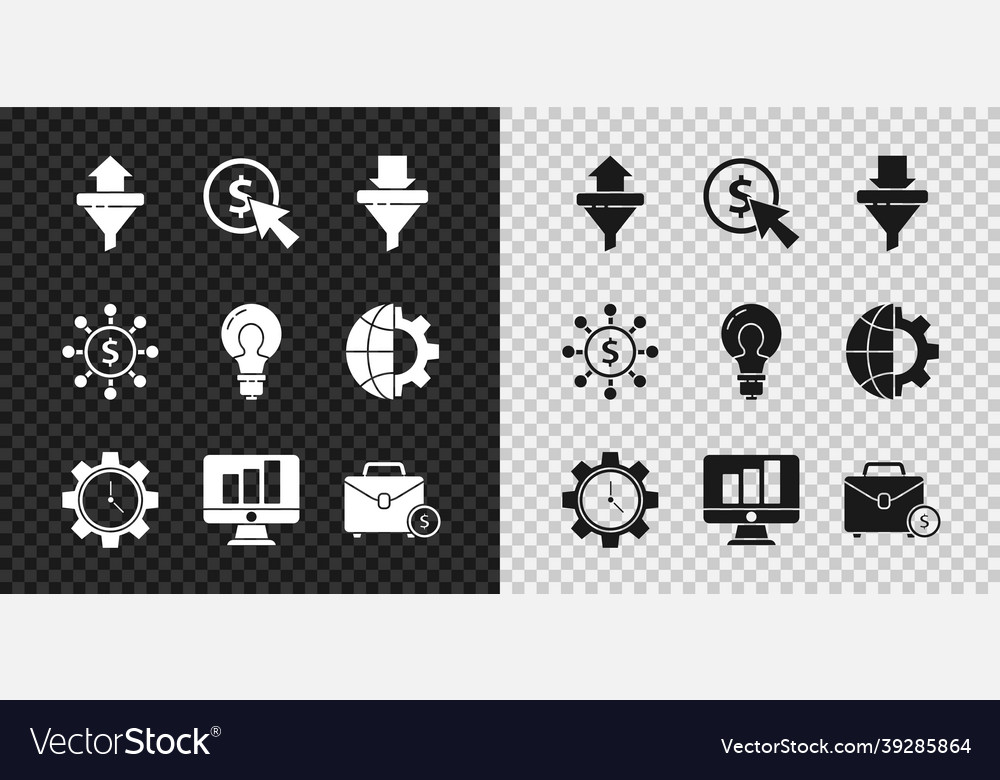 Set sales funnel with arrows cursor and coin