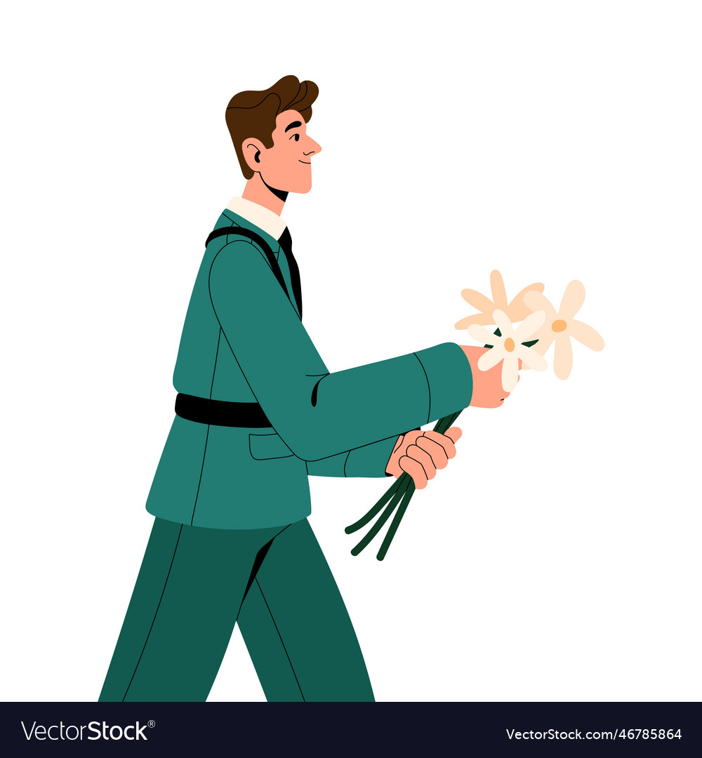 Soldier in military uniform going with flowers