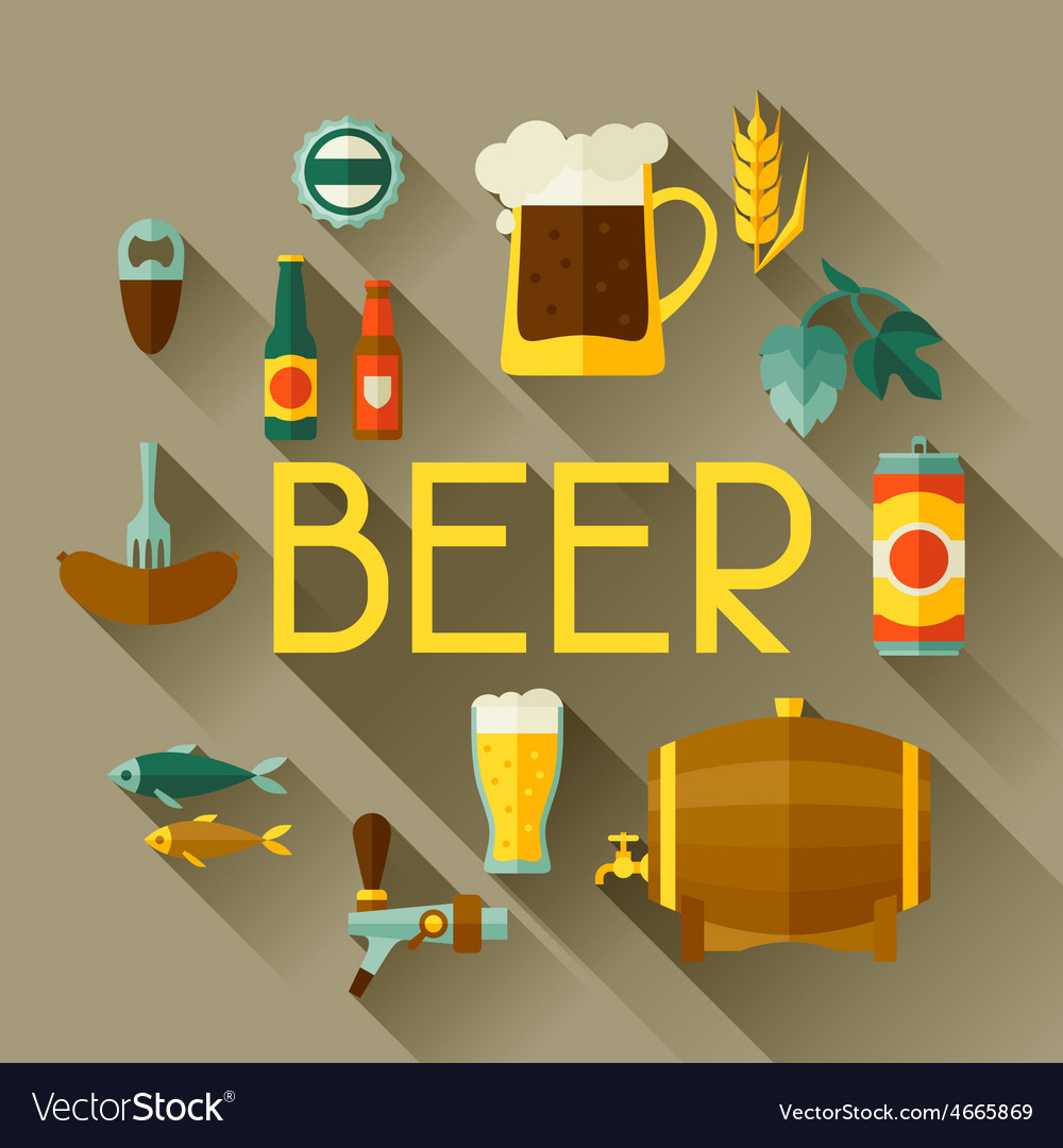 Background with beer icons and objects in flat