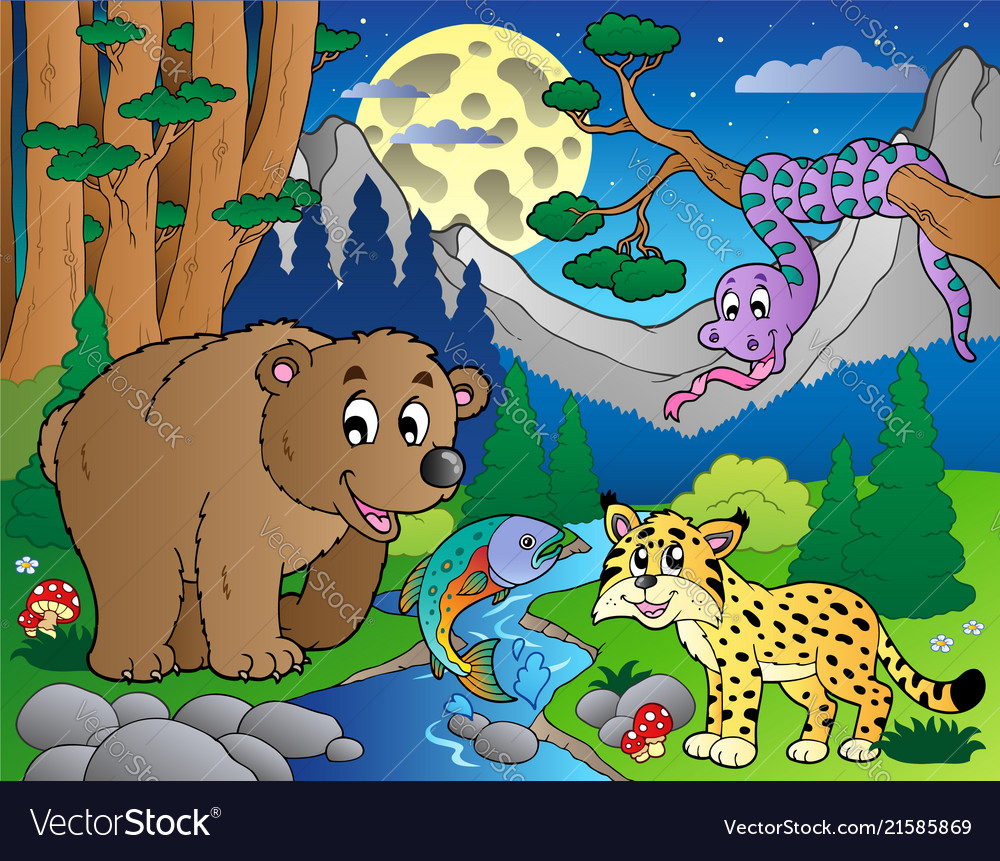 Forest scene with happy animals 1 Royalty Free Vector Image