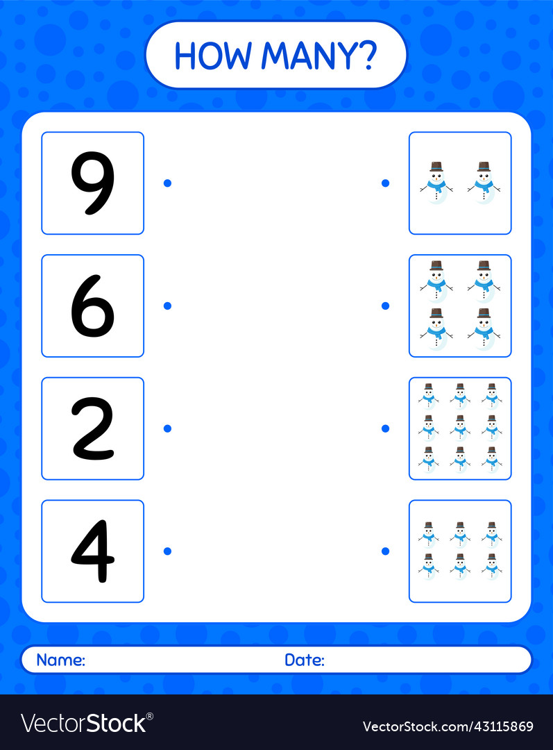 How many counting game with snowman worksheet Vector Image How many counting game with snowman worksheet