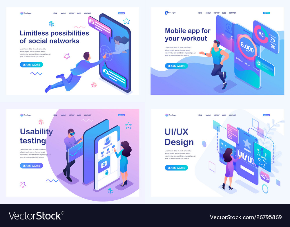 Set isometric landing pages concept user inte