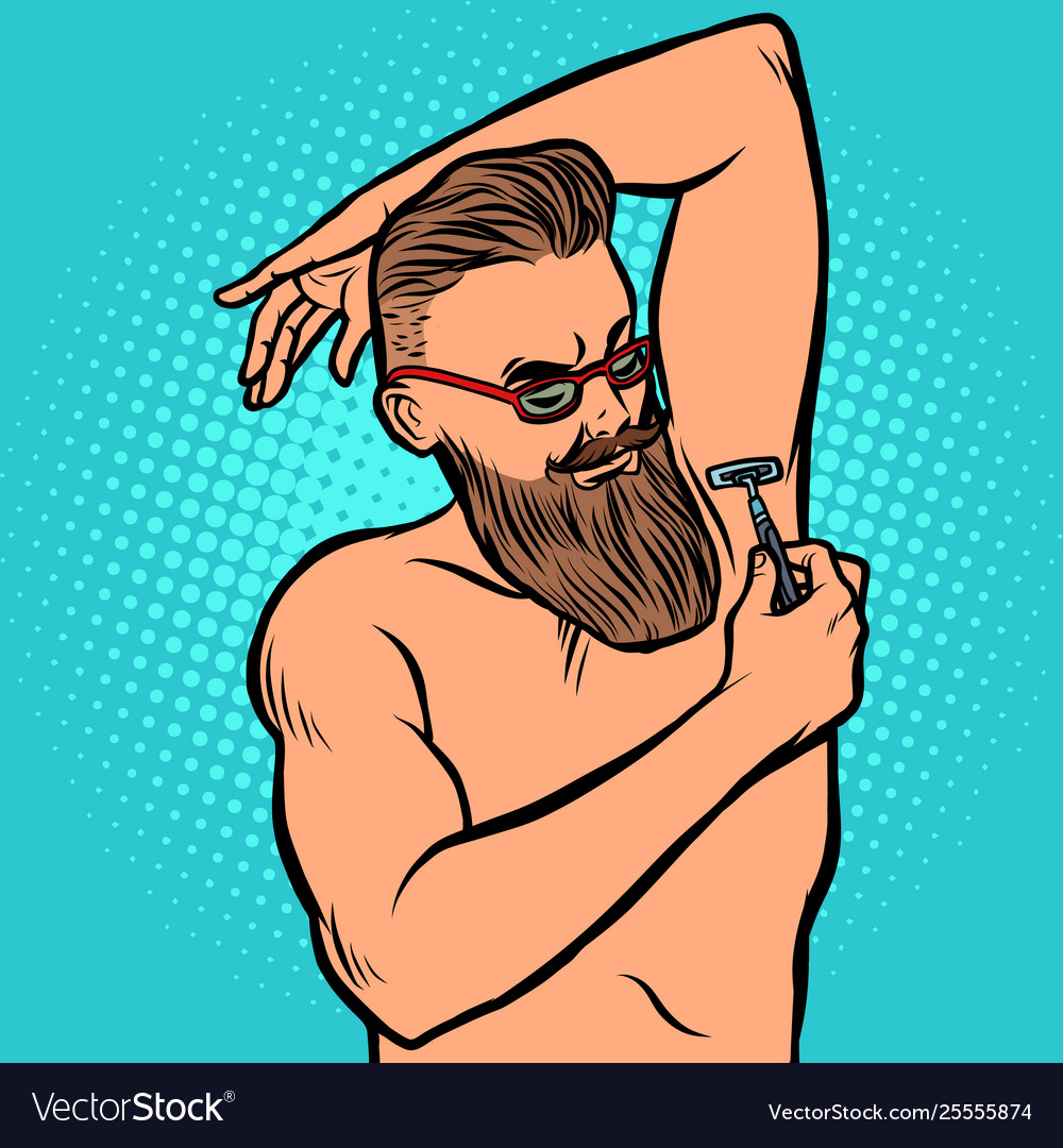 Bearded Hipster Man Shaves His Armpit With A Razor