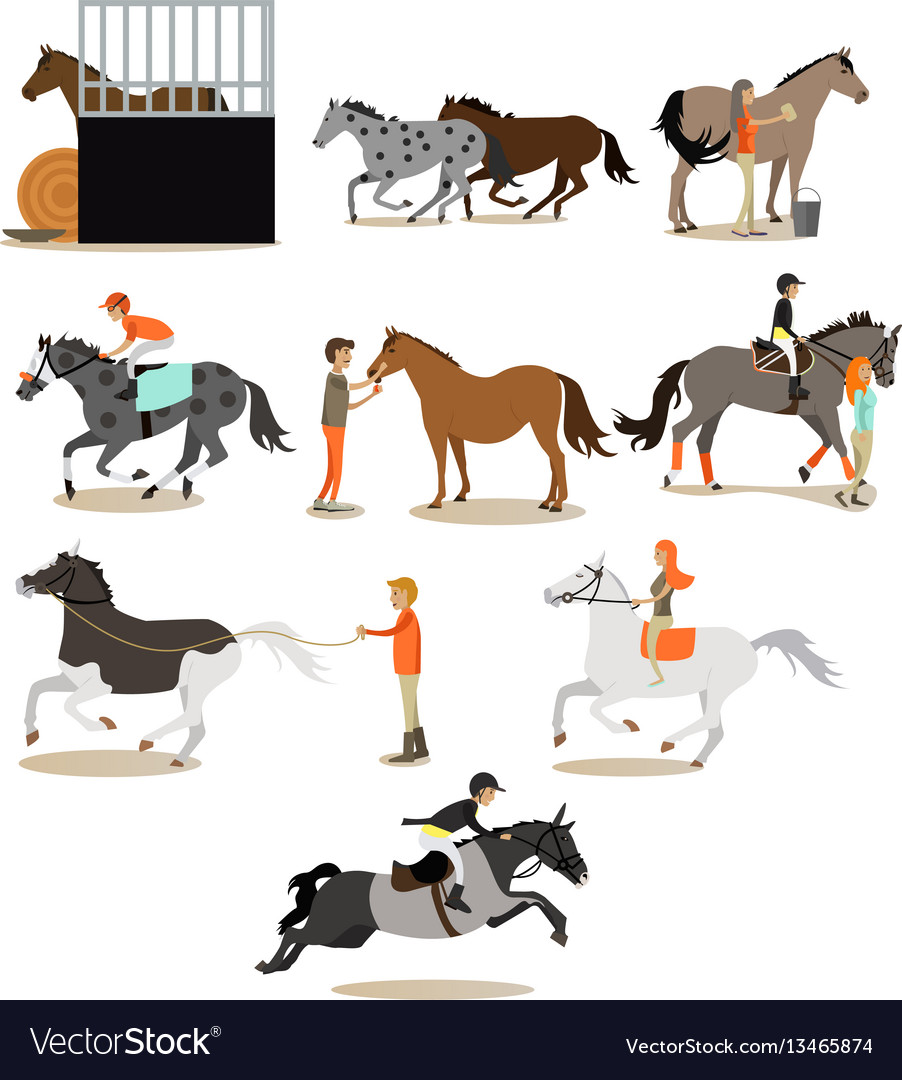 Set horse riding people icons in flat Royalty Free Vector