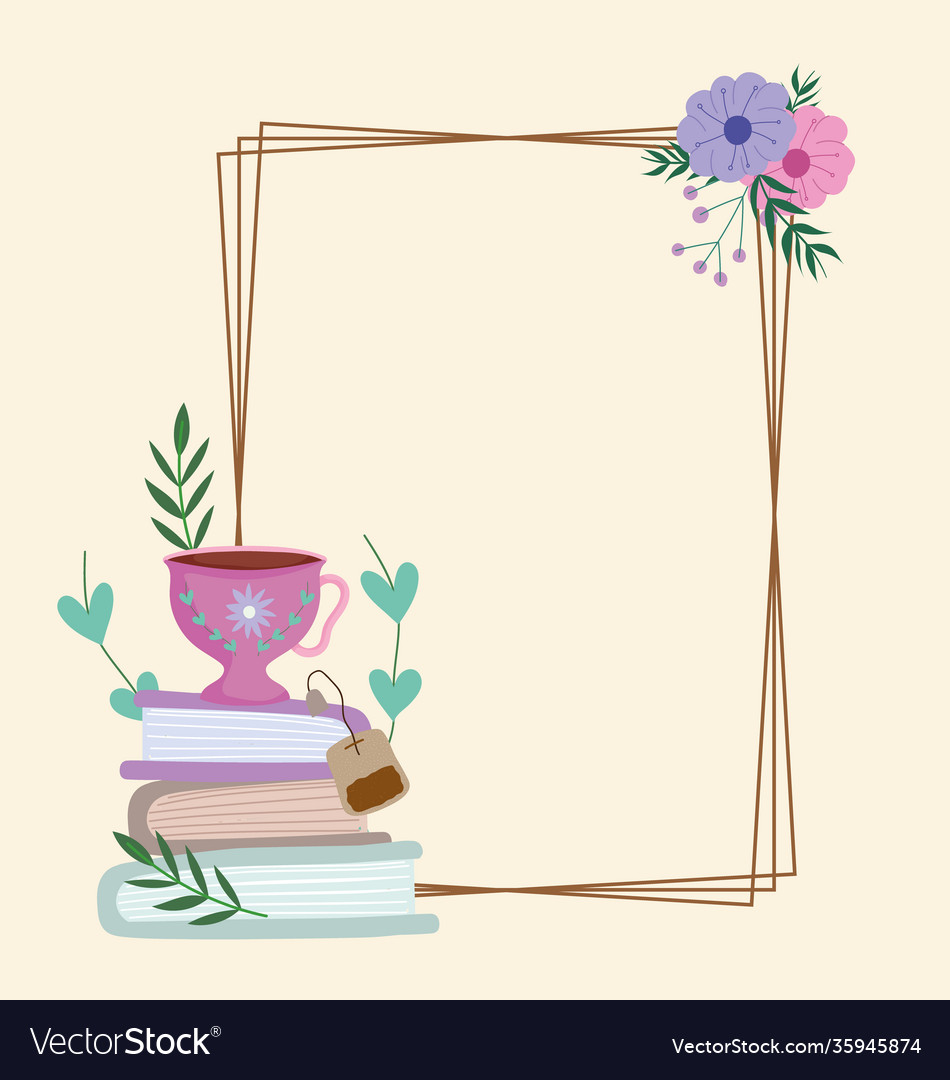 Teezeit süße Tasse auf Bücher Blumen Blätter Rahmen vector image Teezeit süße Tasse auf Bücher Blumen Blätter Rahmen