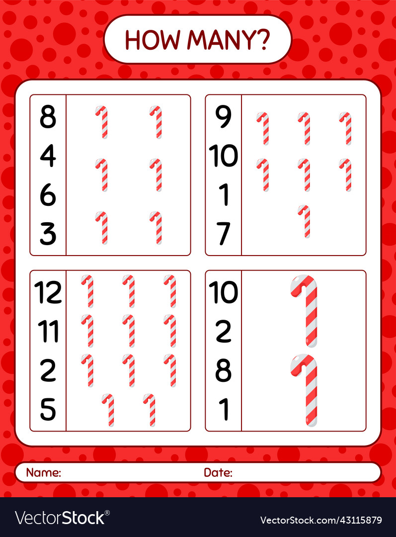 How many counting game with candy cane worksheet vector image How many counting game with candy cane worksheet