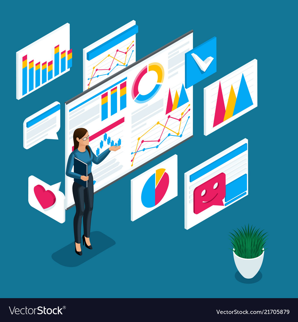 Isometric girl trader learning game on stock vector image Isometric girl trader learning game on stock