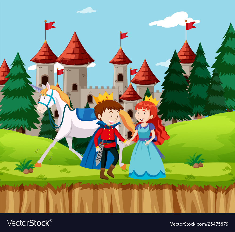 Princess and prince at castle Royalty Free Vector Image