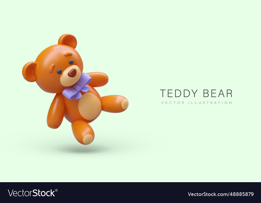 Realistic teddy bear with blue bow on neck cute