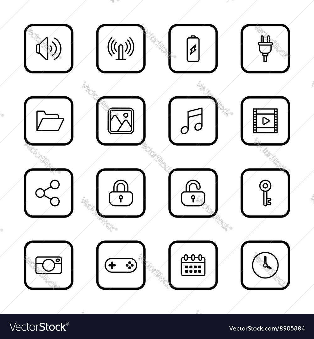 Black line web icon set rounded rectangle frame