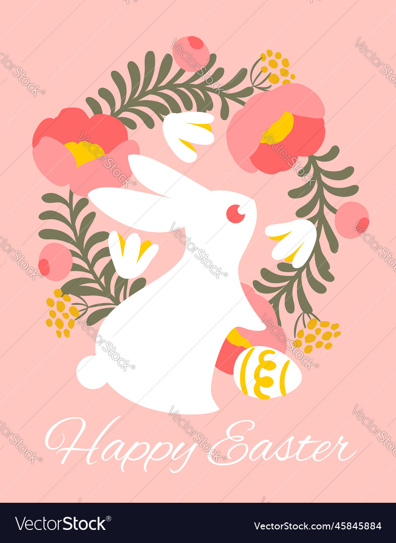 Easter card with cute rabbit and spring flowers Vector Image Easter card with cute rabbit and spring flowers