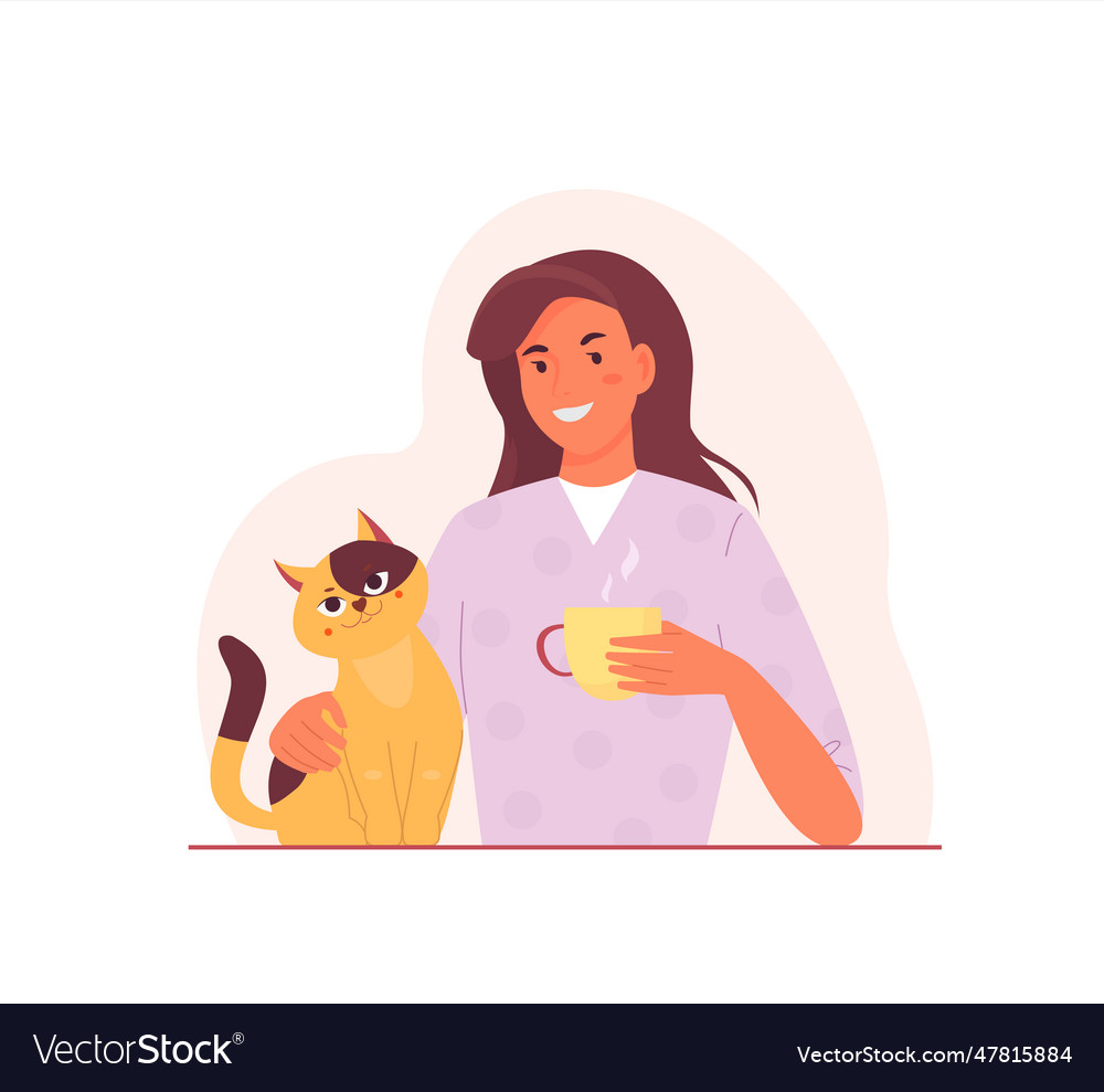 Happy woman sitting with cat and holding coffee Vector Image