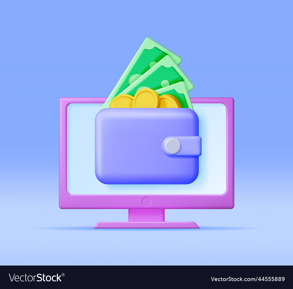 3d computer and wallet with money isolated vector image 3d computer and wallet with money isolated
