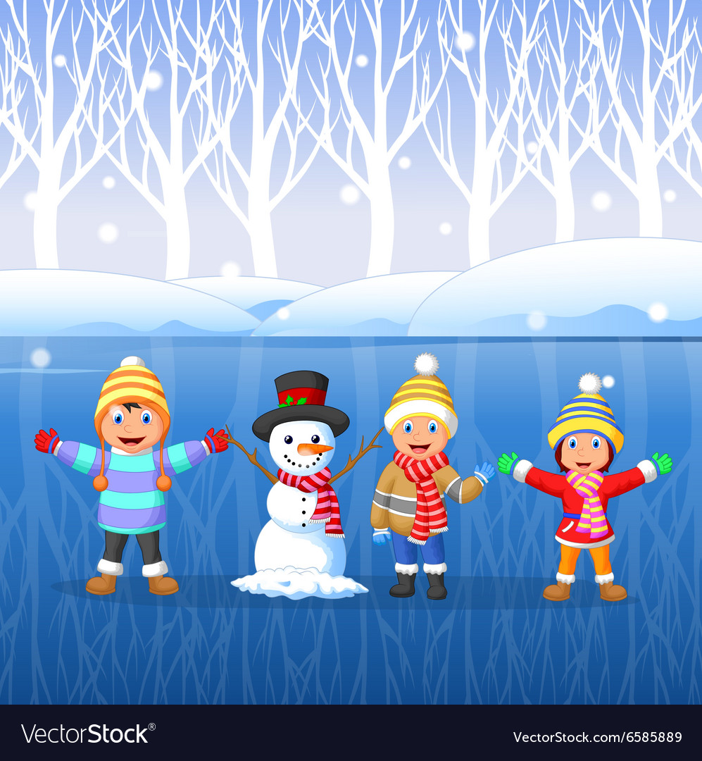 Cartoon kids playing on snow in winter time