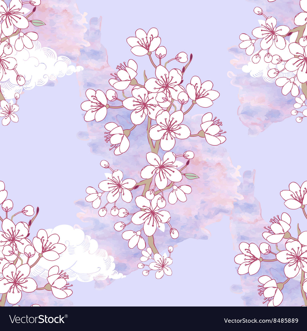 Seamless pattern with sakura and clouds