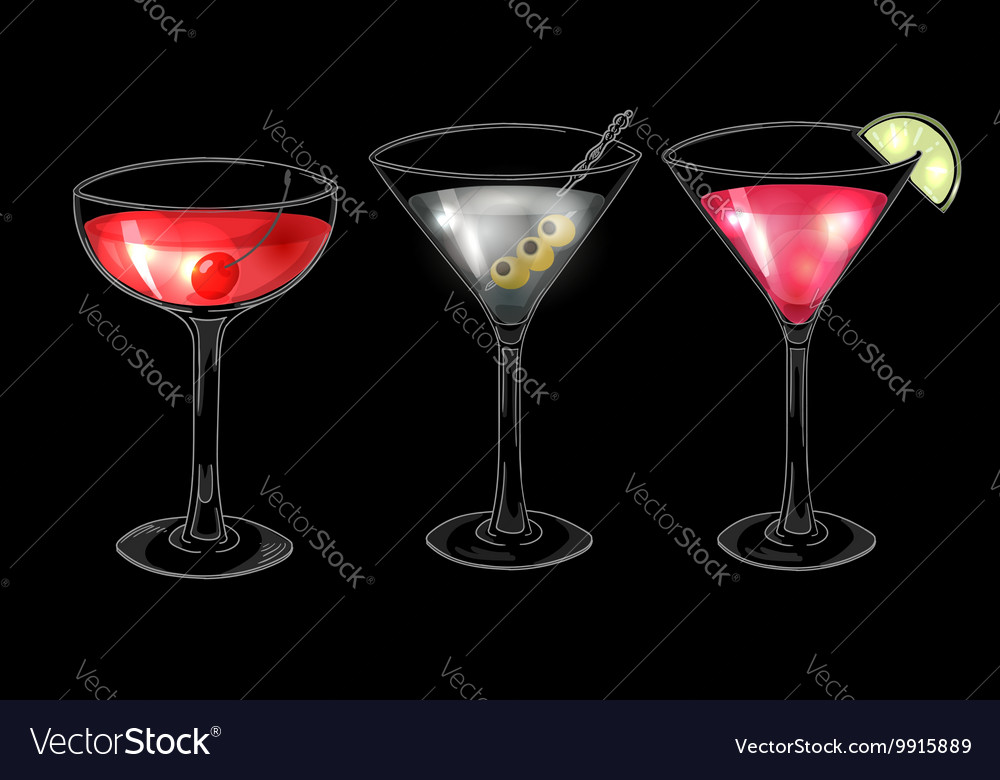 Set Hand Drawn Alcoholic Cocktails On Dark Vector Image