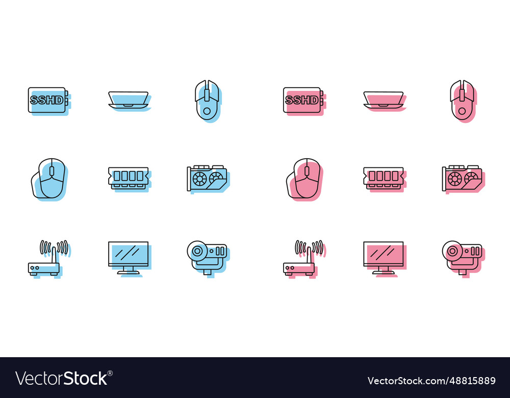 Set line router and wi-fi signal computer monitor vector image Set line router and wi-fi signal computer monitor