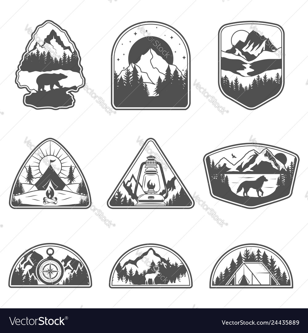 Set of nine mountain black travel emblems camping vector image Set of nine mountain black travel emblems camping