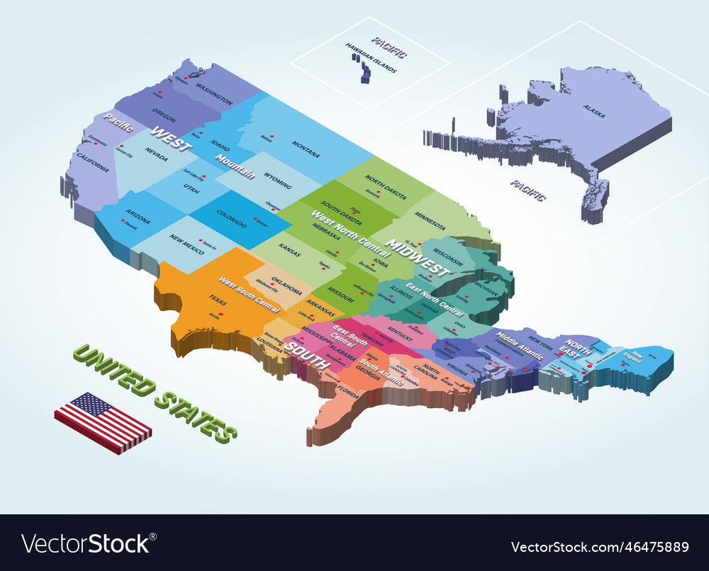 United States Isometric Map Colored By Regions Vector Image