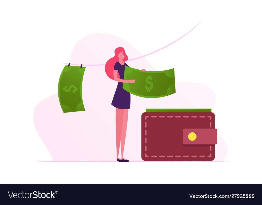 Washing and drying money concept woman put dollar