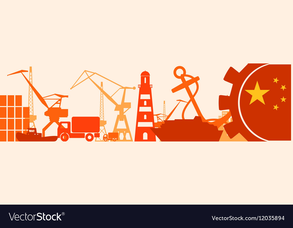 Cargo port relative icons set china flag in gear