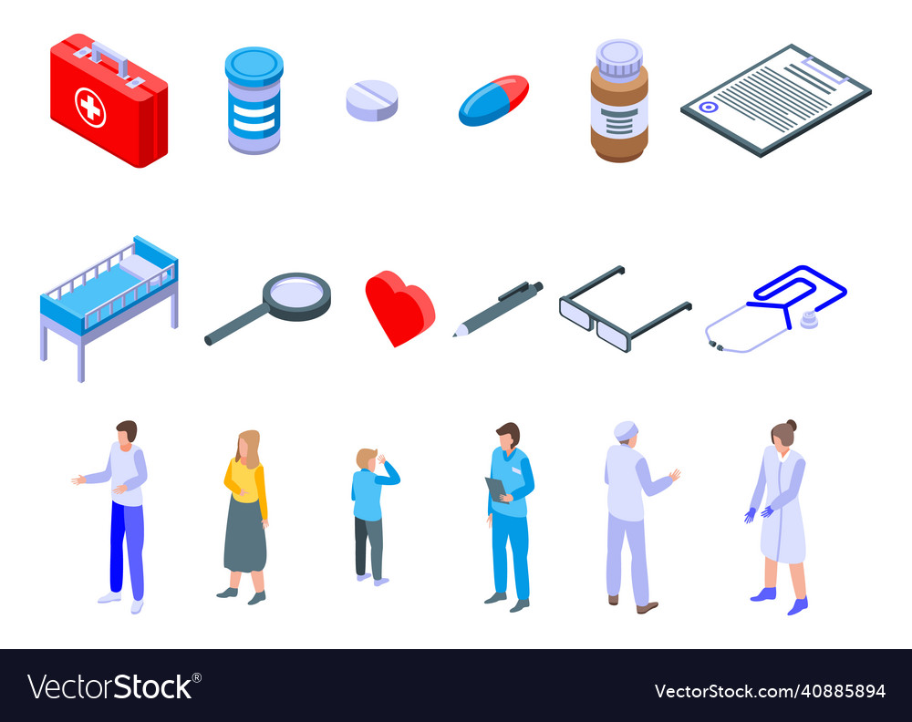 Familien-Klinik-Symbole setzen isometrischen Stil vector image Familien-Klinik-Symbole setzen isometrischen Stil