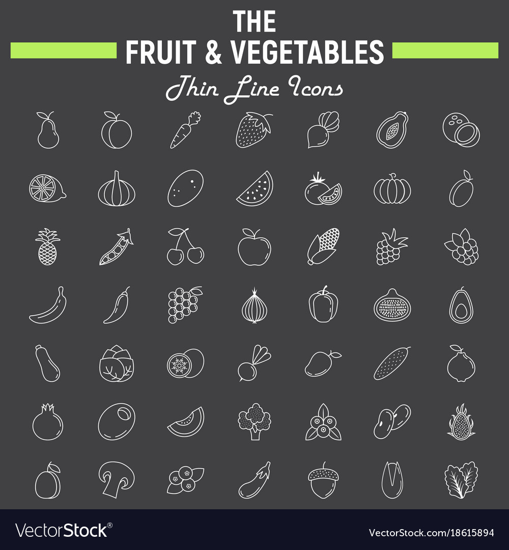 Fruit and vegetables thin line icon set